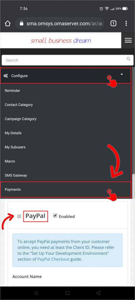 set up your PayPal Account in DeliveryBizConnect